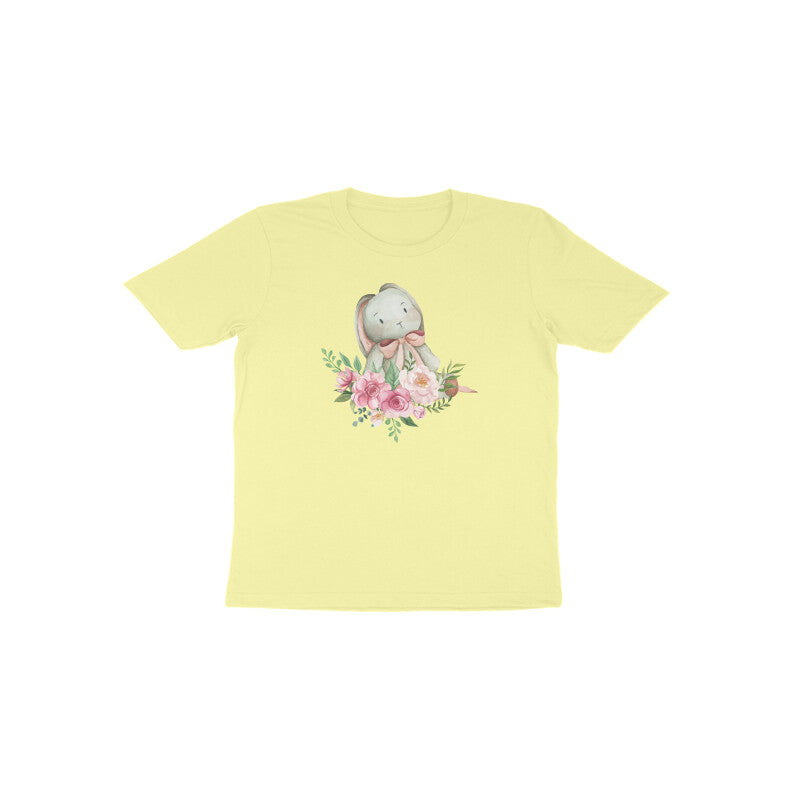 Butter yellow Lavender Bunny Blossom kids cotton graphic t-shirt by Little Scribbles