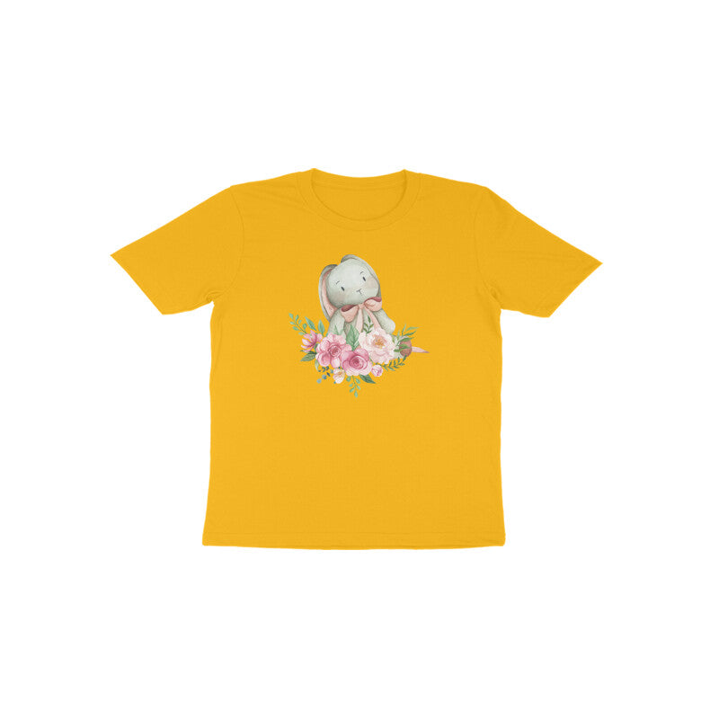 Golden yellow Lavender Bunny Blossom bright kids graphic tee by Little Scribbles