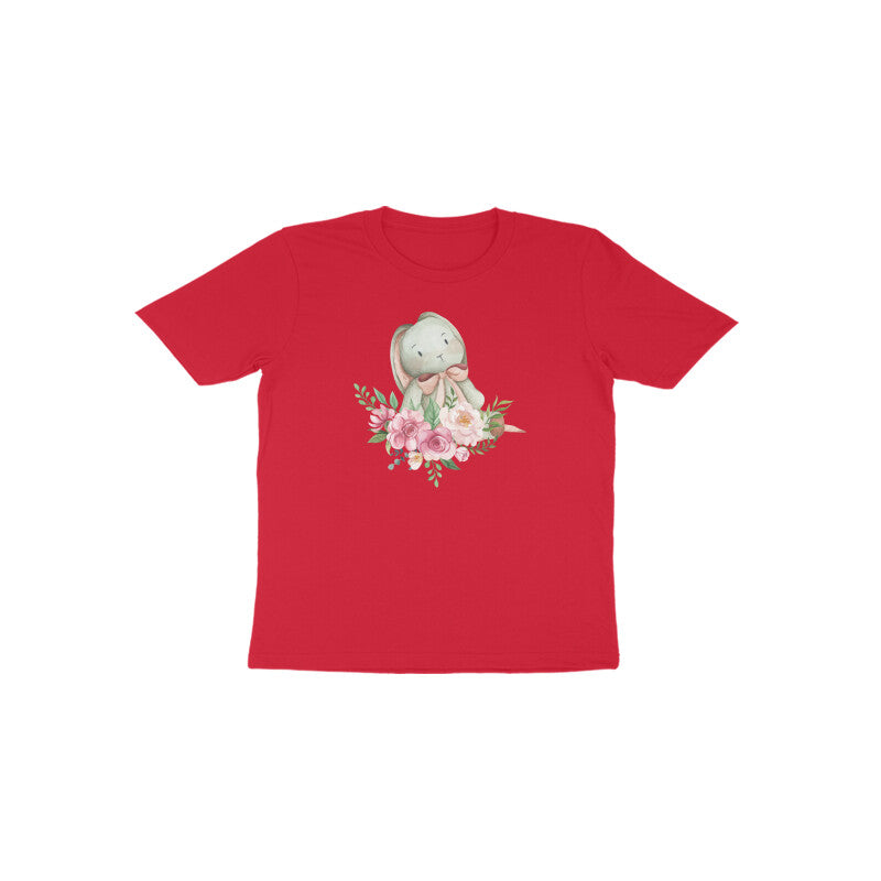 Red  Bunny Blossom bright festive girls graphic t-shirt by Little Scribbles