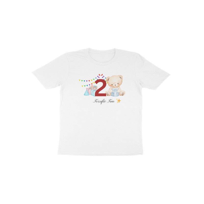 White Terrific Two teddy bear second birthday toddler tee by Little Scribbles