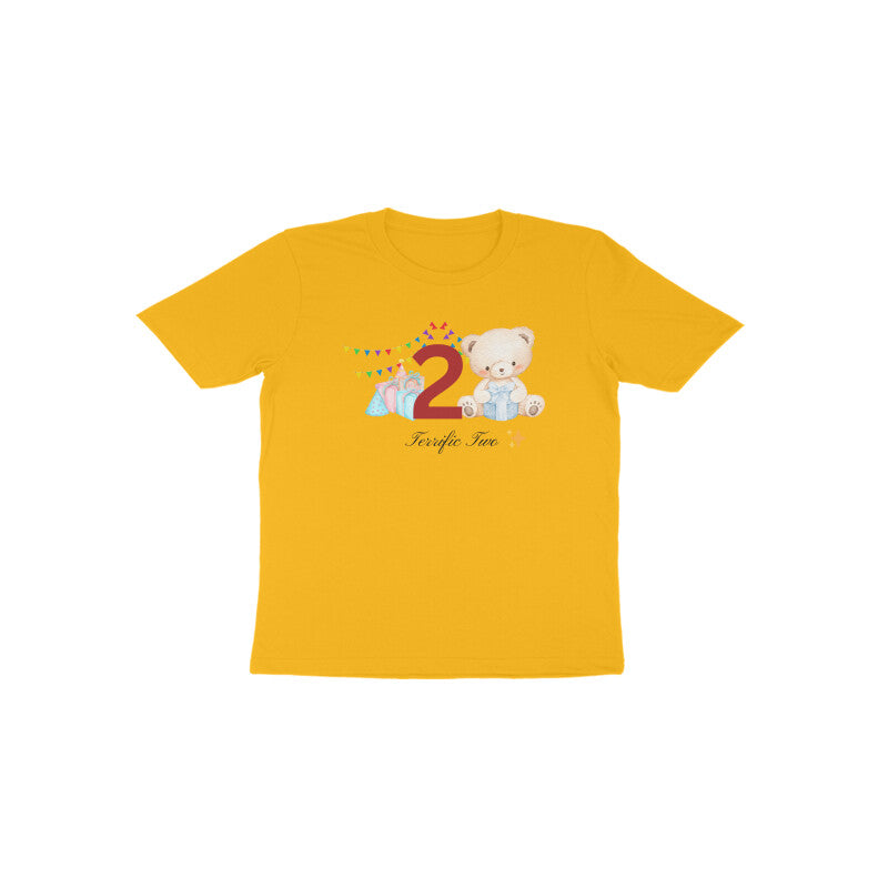 Orange Terrific Two teddy bear 2nd birthday premium cotton tee by Little Scribbles
