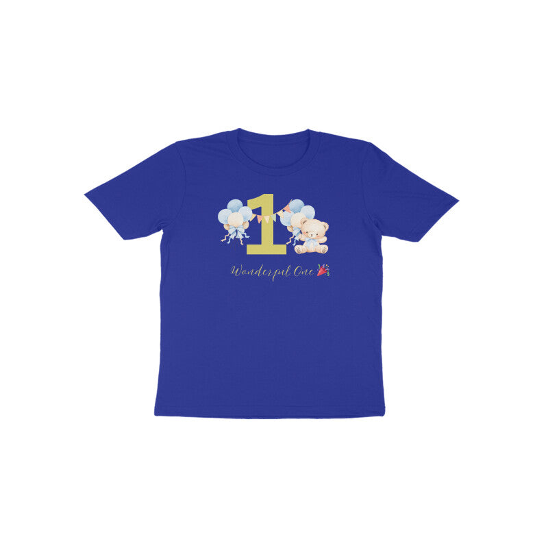 Royal blue Wonderful One Teddy bear first birthday toddler tee by Little Scribbles