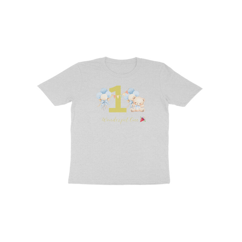 Grey Wonderful One Teddy bear casual first birthday baby tee by Little Scribbles