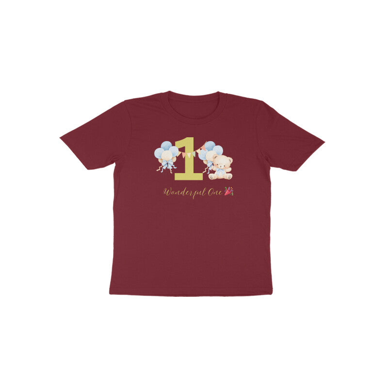 Maroon Wonderful One Teddy bear graphic 1st birthday t-shirt by Little Scribbles