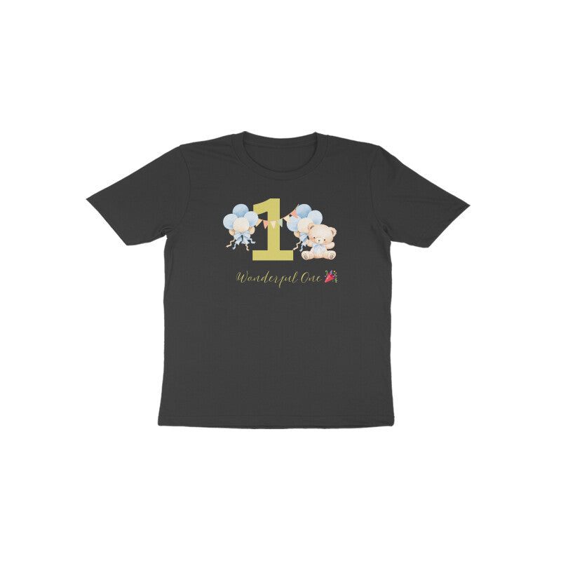Black Wonderful One Teddy bear 1st birthday graphic tee for babies by Little Scribbles