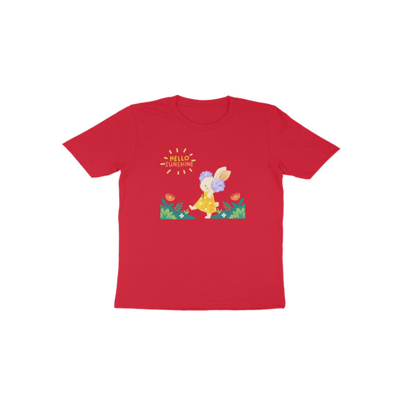 red Hello Sunshine Bunny cute floral graphic t-shirt for girls by Little Scribbles