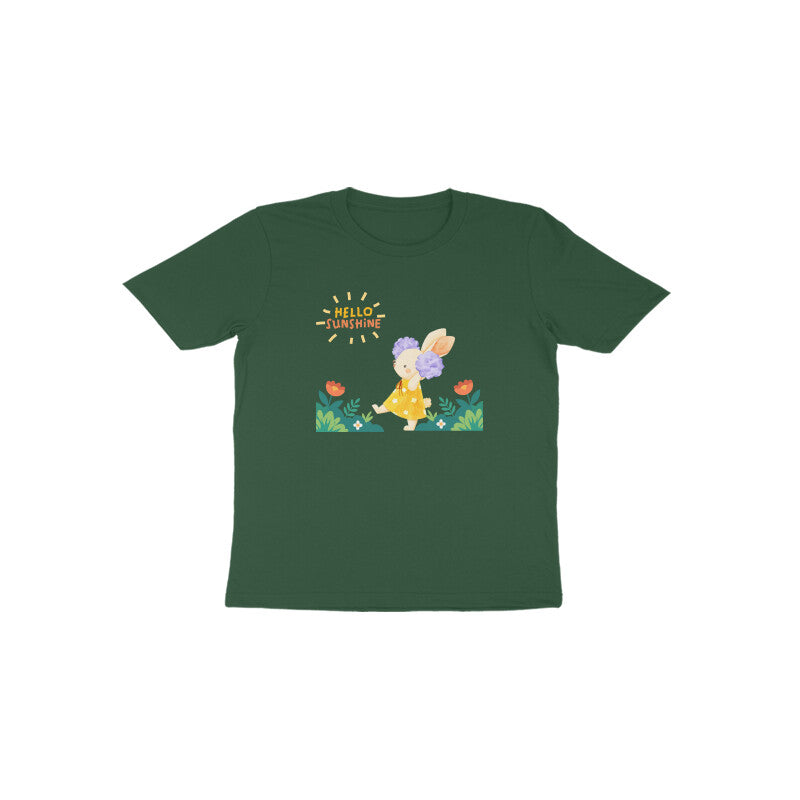 Dark Green Hello Sunshine Bunny cute floral graphic t-shirt for girls by Little Scribbles