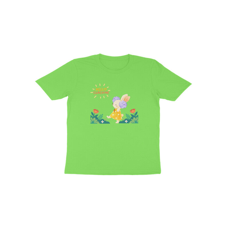 Green Hello Sunshine Bunny cute floral graphic t-shirt for girls by Little Scribbles