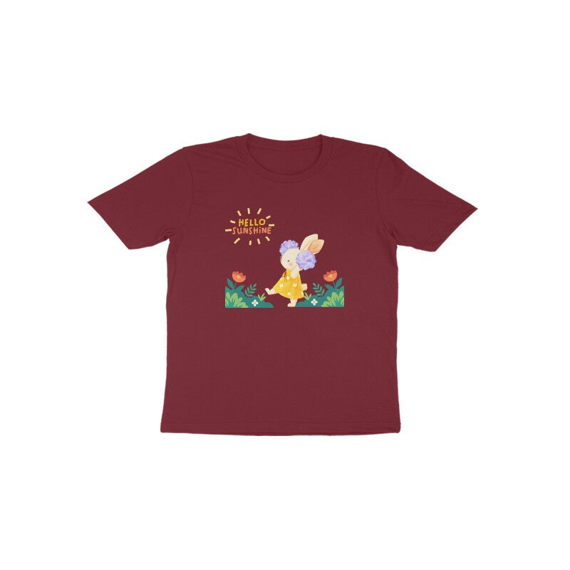 Maroon Hello Sunshine Bunny cute floral graphic t-shirt for girls by Little Scribbles