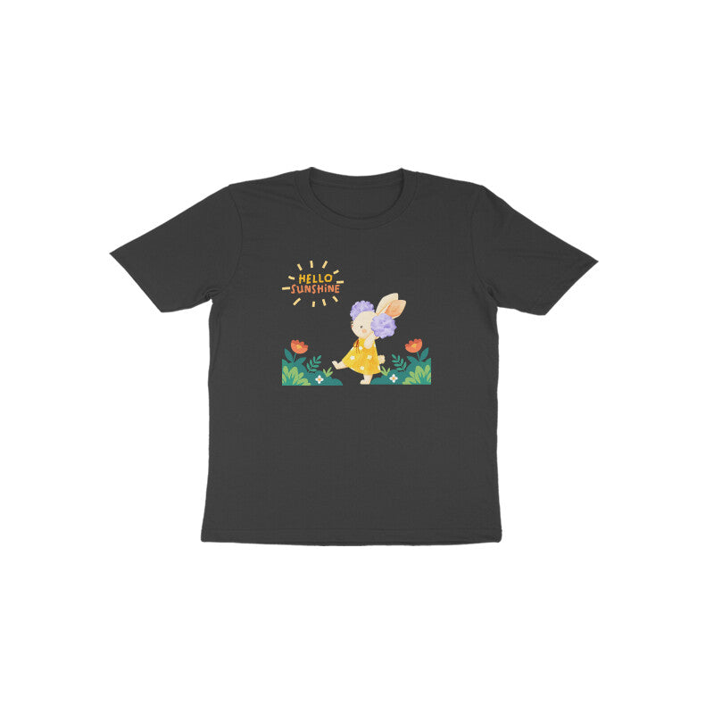 Black Hello Sunshine Bunny cute floral graphic t-shirt for girls by Little Scribbles
