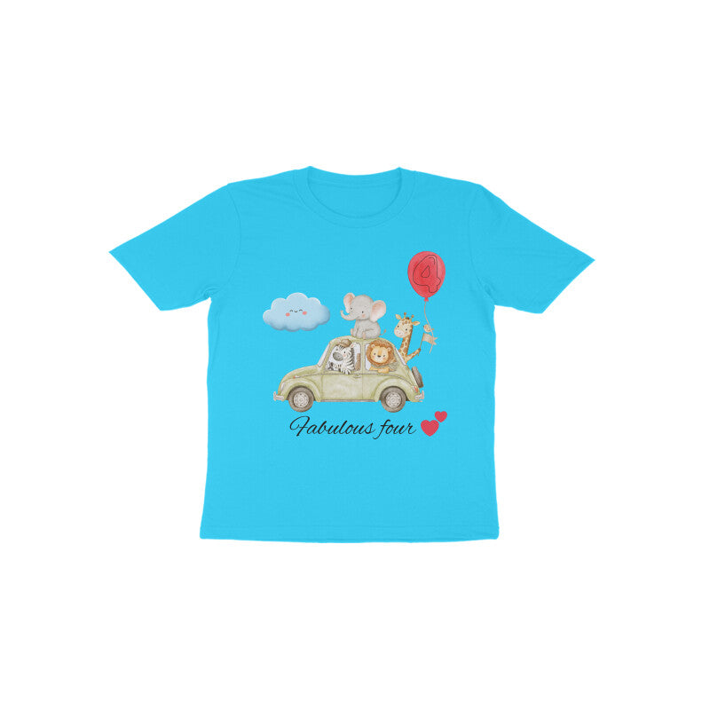 Fabulous Four cute animal graphic 4th birthday kids t-shirt in blue by Little Scribbles