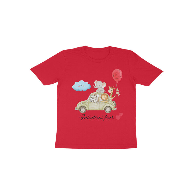 Fabulous Four cute animal graphic 4th birthday kids t-shirt in Red by Little Scribbles
