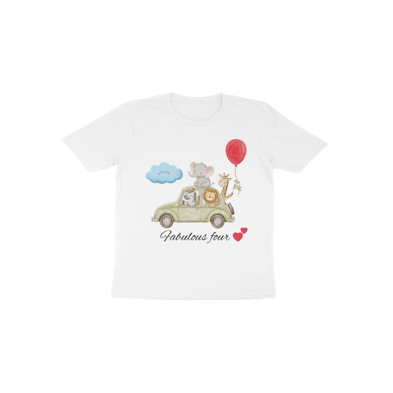 Fabulous Four cute animal graphic 4th birthday kids t-shirt in White by Little Scribbles