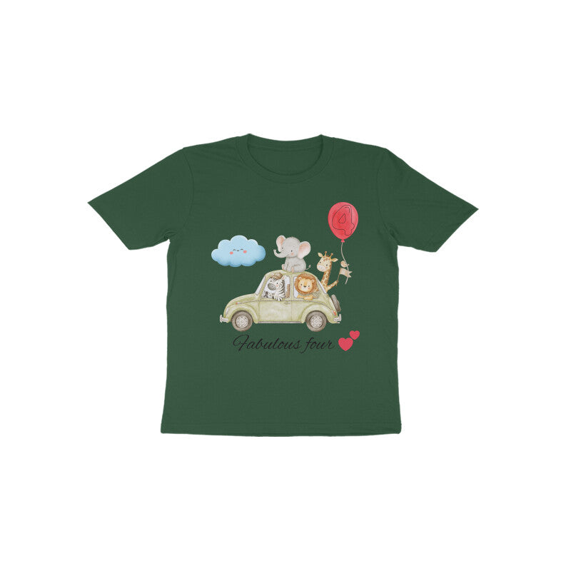 Fabulous Four cute animal graphic 4th birthday kids t-shirt in Green by Little Scribbles