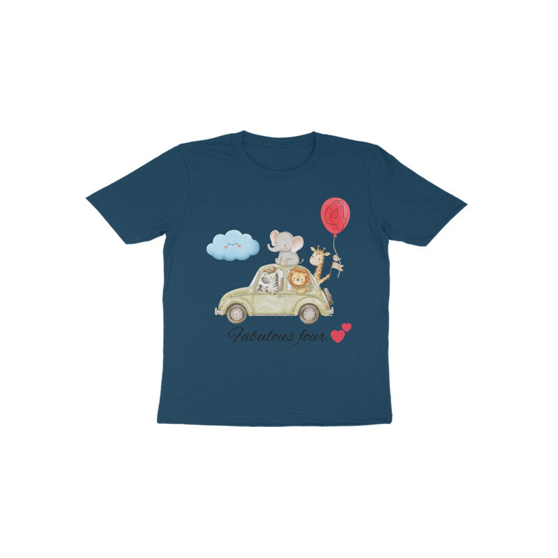 Fabulous Four cute animal graphic 4th birthday kids t-shirt in Blue by Little Scribbles