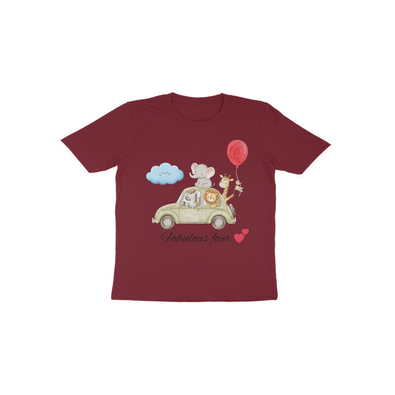 Fabulous Four cute animal graphic 4th birthday kids t-shirt in Maroon by Little Scribbles