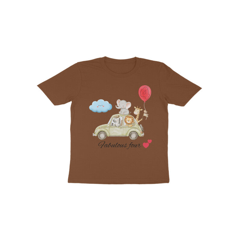 Fabulous Four cute animal graphic 4th birthday kids t-shirt in Brown by Little Scribbles