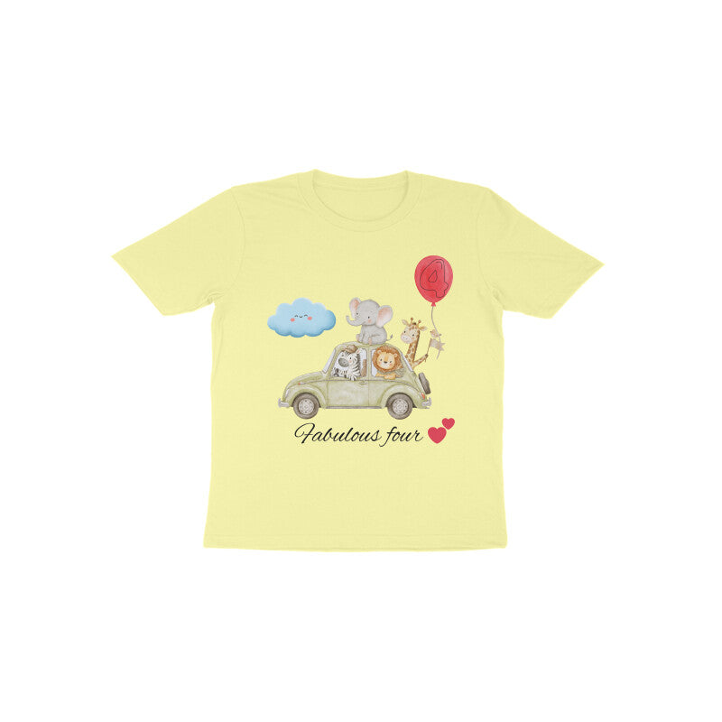 Fabulous Four cute animal graphic 4th birthday kids t-shirt in yellow by Little Scribbles