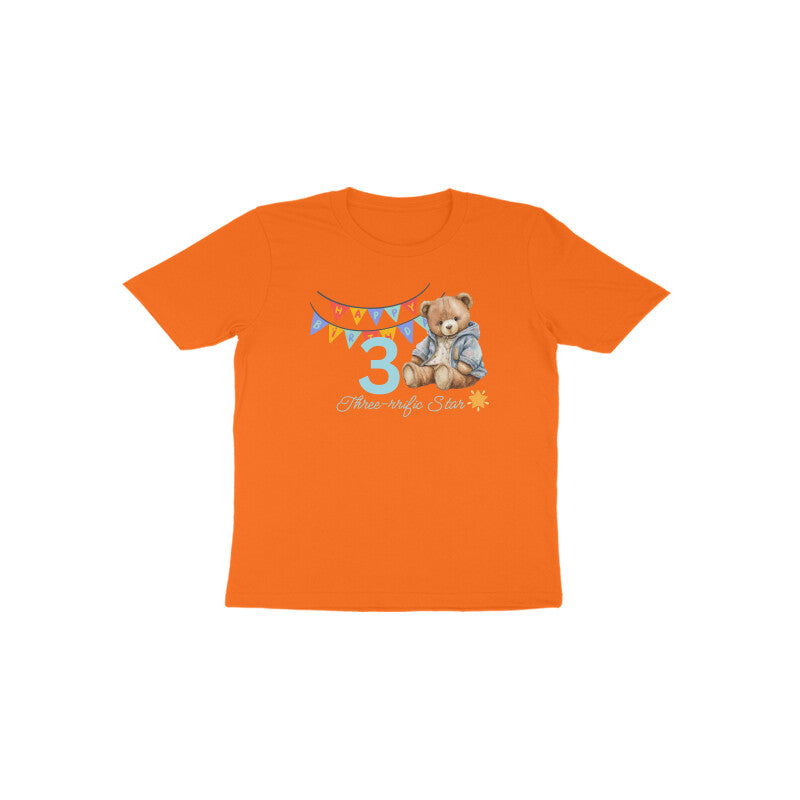 Orange 3rd birthday teddy bear t-shirt for kids by Little Scribbles