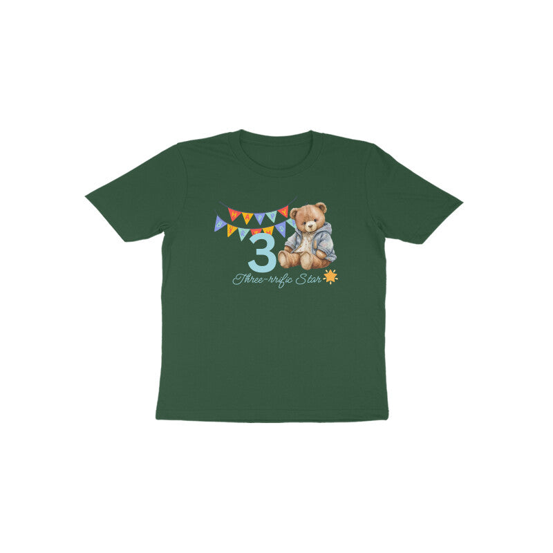 Green 3rd birthday teddy bear graphic tee by Little Scribblesbackground